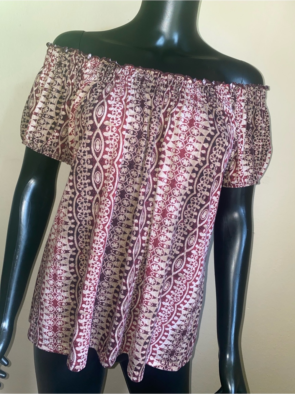 Claudia Richard Burgundy and Tan Boho Off-Shoulder Blouse Top